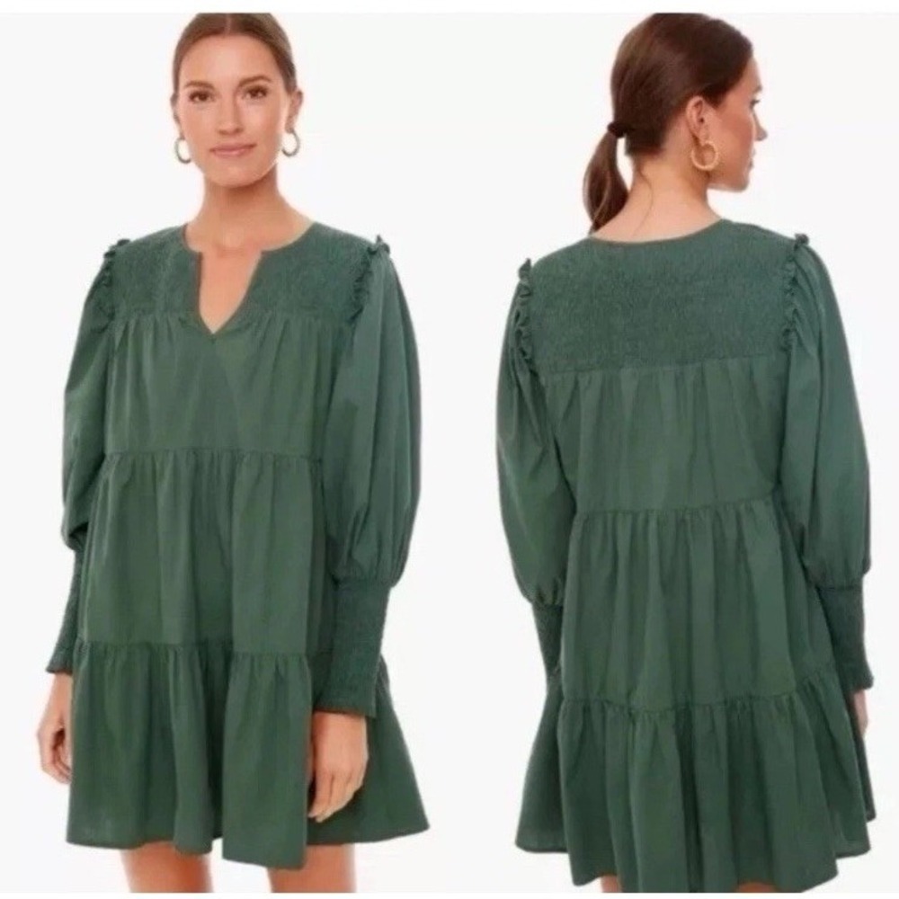 Pomander Place Ceci Dress Sz S Smocked Long Sleeve Green Tiered Cotton Mini Boho
